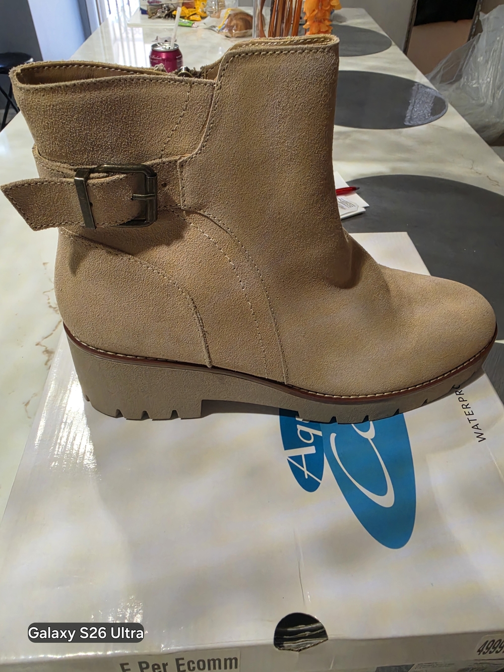 Aqua Beige Wedge Ankle Boot with Buckle Strap